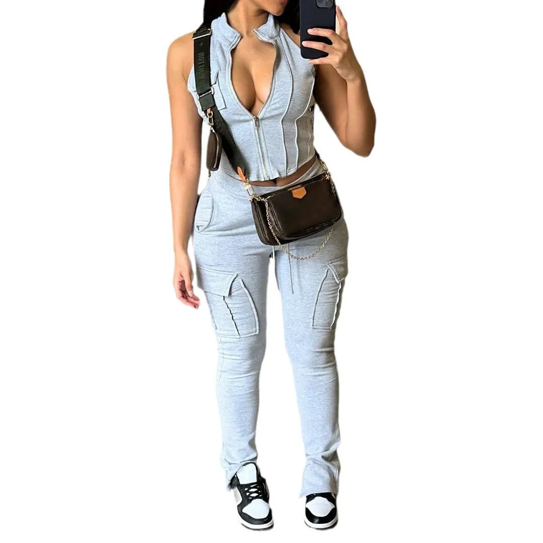 Sleeveless Deep Chesty V-neck Crop Top and Cargo Pants