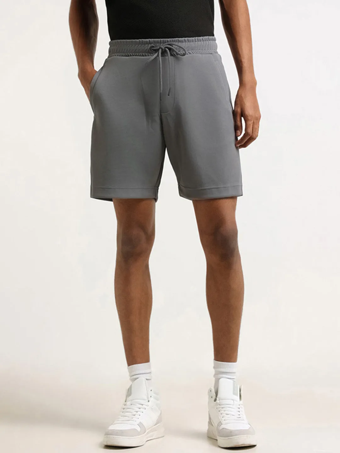 Studiofit Grey Self Patterned Cotton Blend Relaxed Fit Shorts