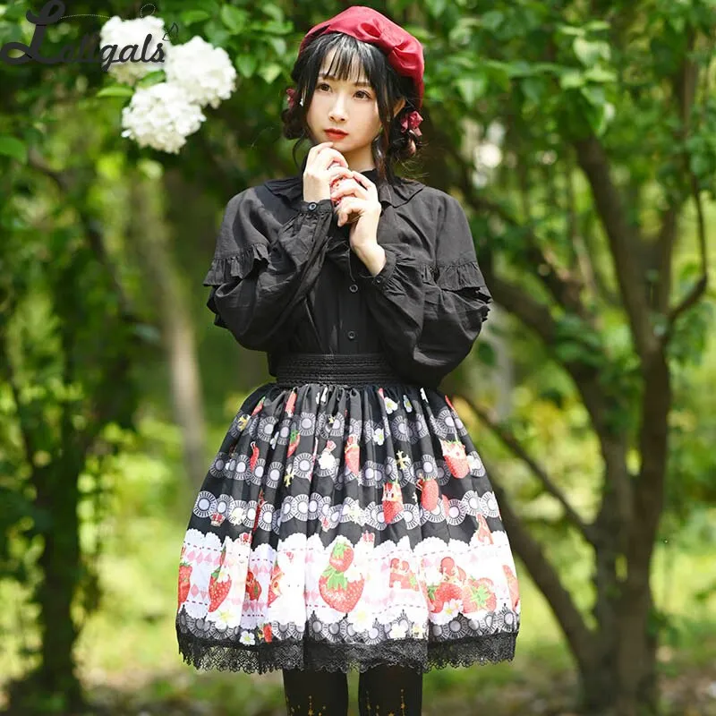 Sweet Short Black Skirt Mori Girl Strawberry Printed A line Lolita Skirt