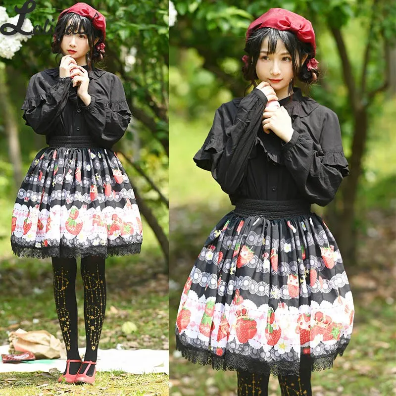 Sweet Short Black Skirt Mori Girl Strawberry Printed A line Lolita Skirt