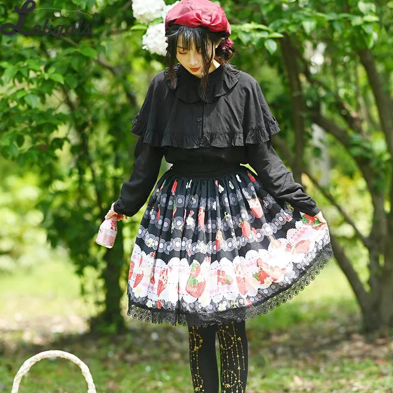 Sweet Short Black Skirt Mori Girl Strawberry Printed A line Lolita Skirt