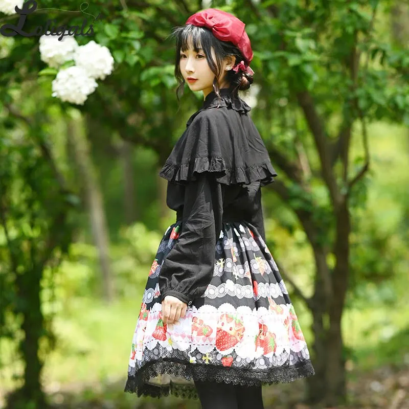 Sweet Short Black Skirt Mori Girl Strawberry Printed A line Lolita Skirt