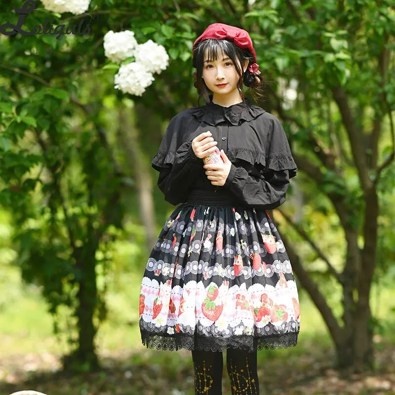 Sweet Short Black Skirt Mori Girl Strawberry Printed A line Lolita Skirt