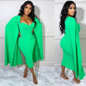 Sweetheart Cape Sleeve Midi Dress