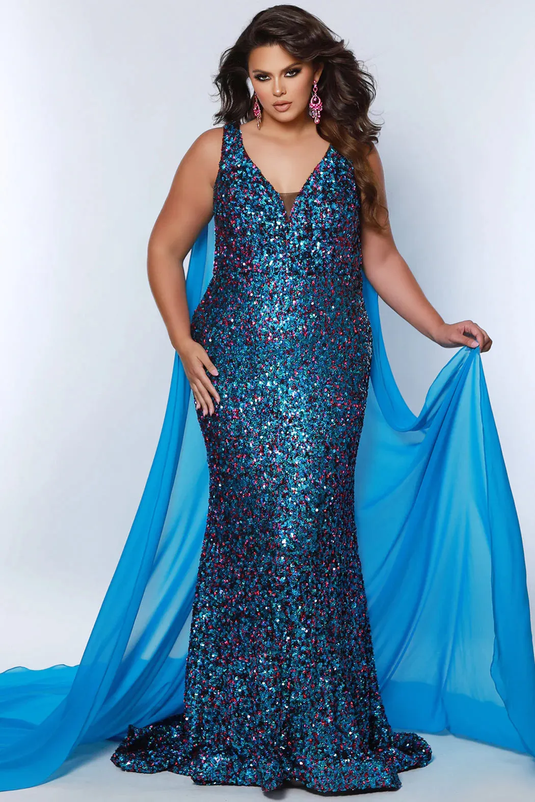 Sydneys Closet JK2407 Long Fitted Plus Size Sequin Cape Pageant Dress Formal Gown