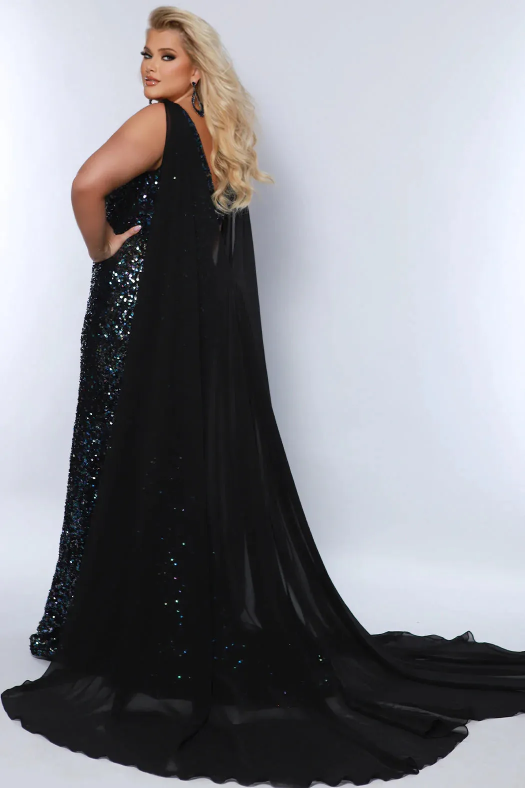 Sydneys Closet JK2407 Long Fitted Plus Size Sequin Cape Pageant Dress Formal Gown