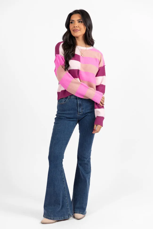 Take Your Time Pink and Berry Multi Color Block Striped Crop Sweater SALE