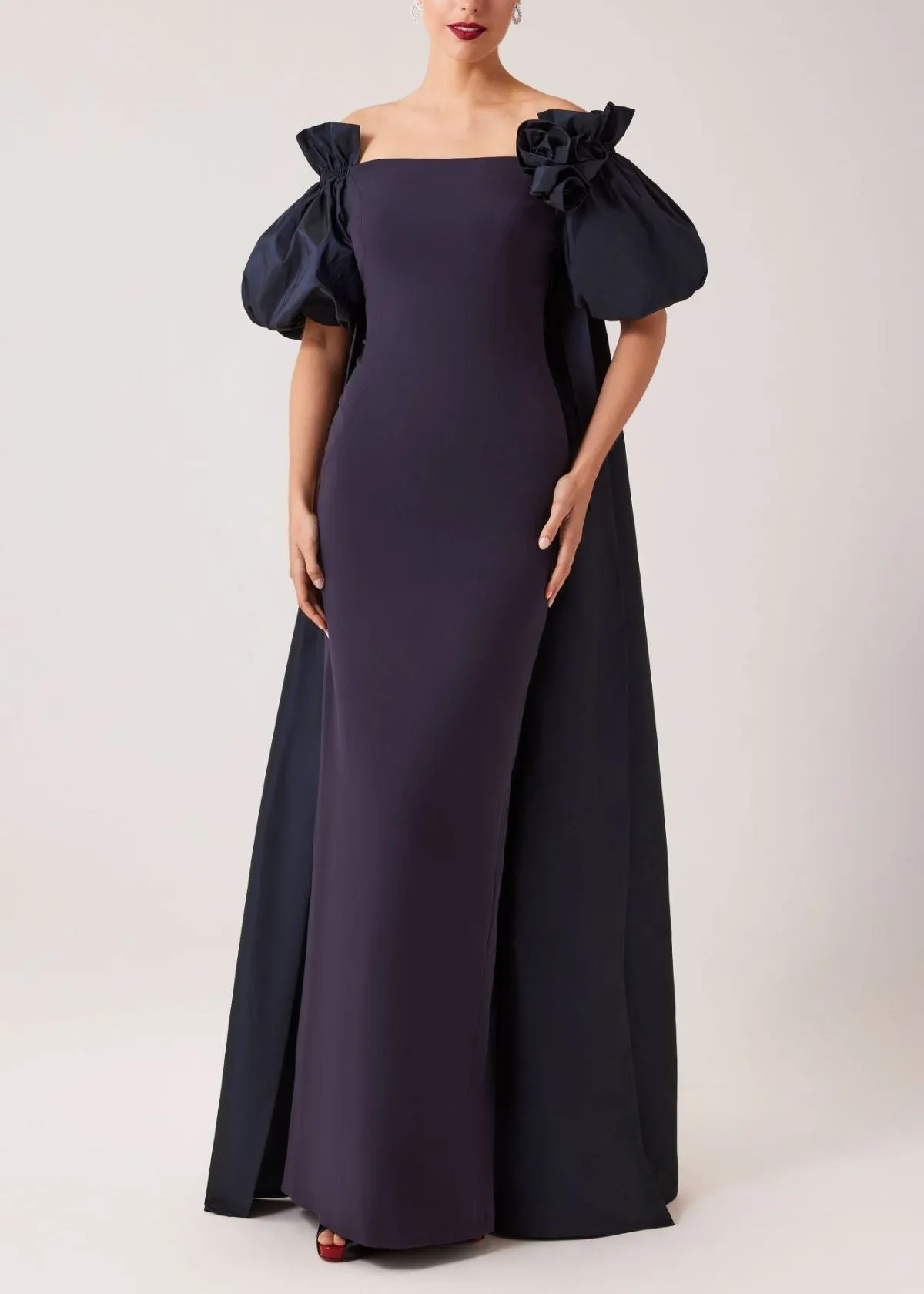 TERI JON Crepe Taffeta Balloon Sleeve Cape Back Gown - Navy