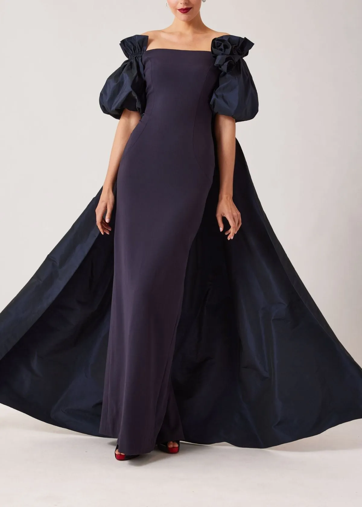 TERI JON Crepe Taffeta Balloon Sleeve Cape Back Gown - Navy