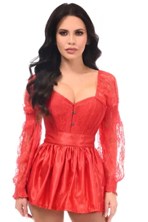 Top Drawer 2 PC Red Lace Steel Boned Corset & Satin Skirt Set