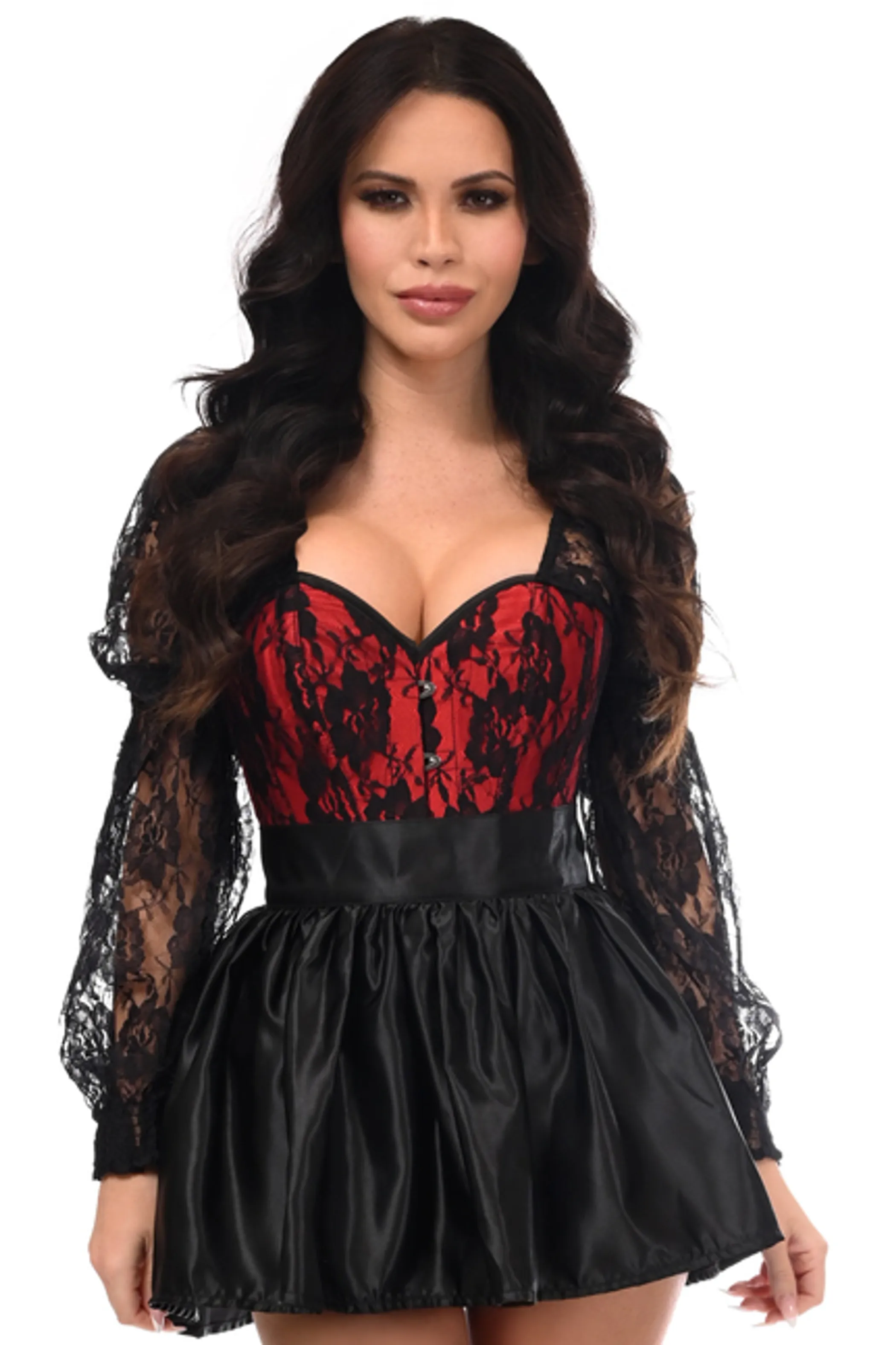 Top Drawer 2 PC Red/Black Lace Steel Boned Corset & Satin Skirt Set