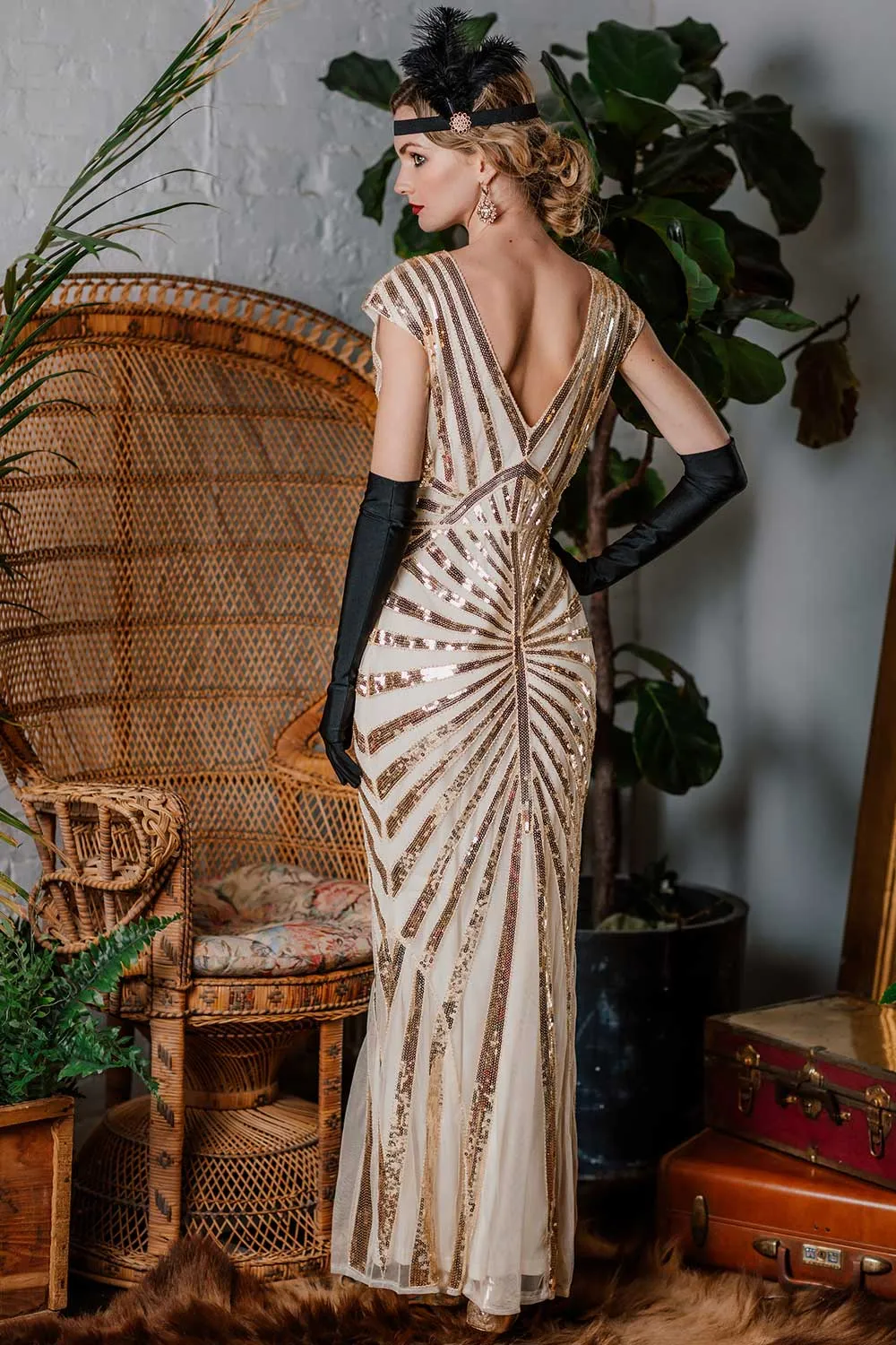 [US Warehouse] Apricot 1920s Sequin Art Deco Maxi Dress