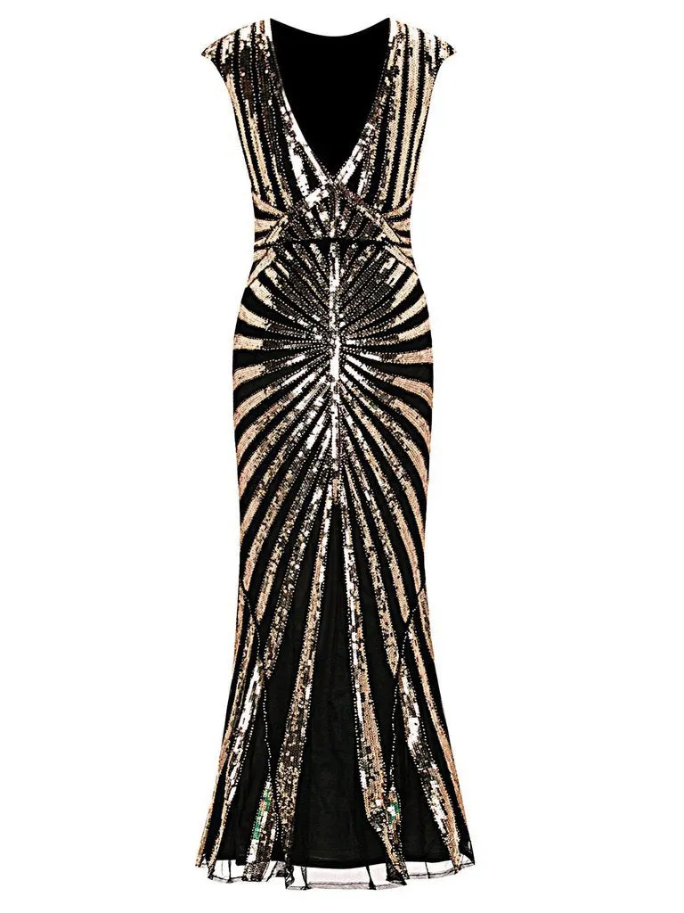 [US Warehouse] Gold 1920s Sequin Art Deco Maxi Dress