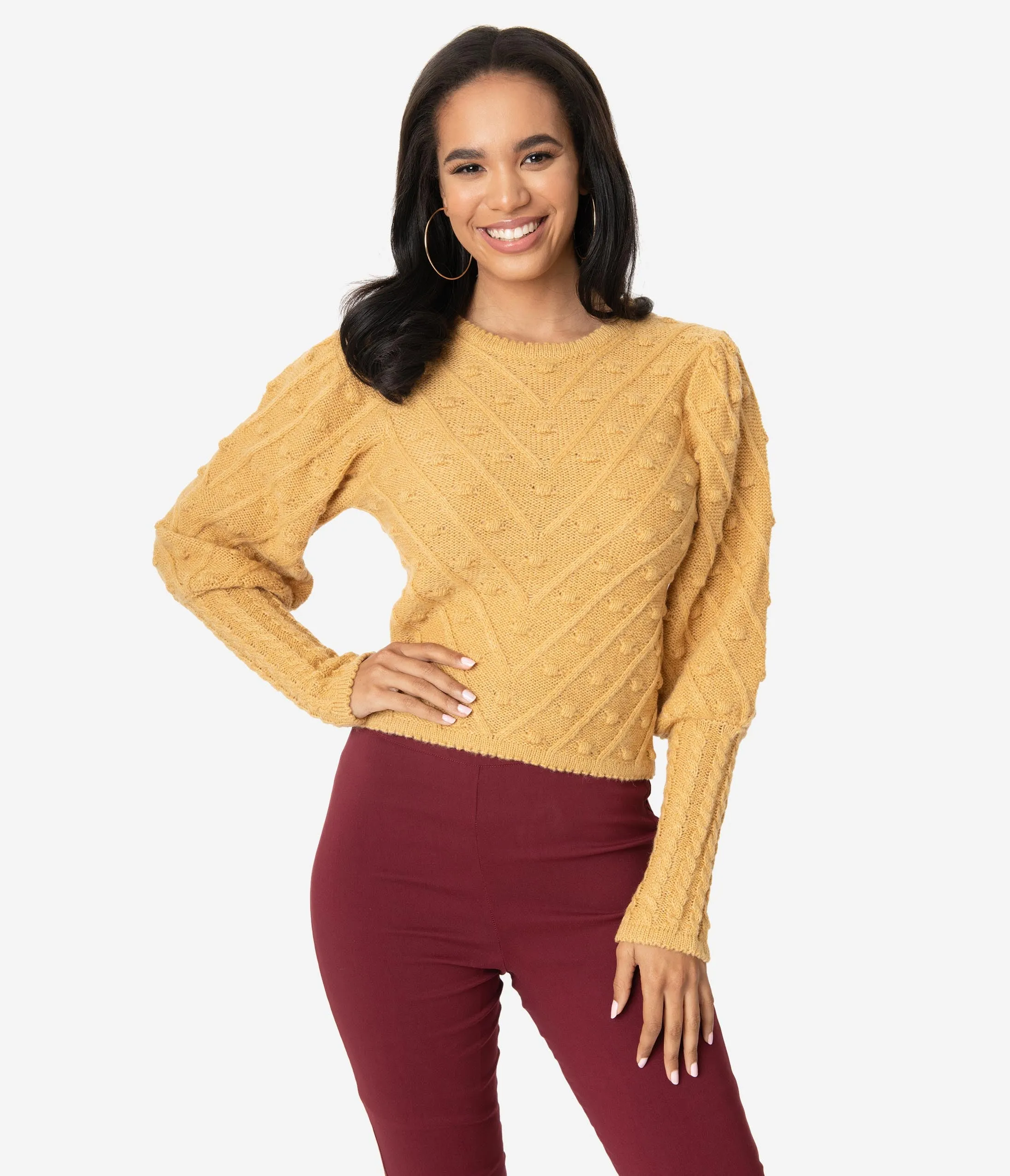 Vintage Style Mustard Swiss Dotted Crop Sweater