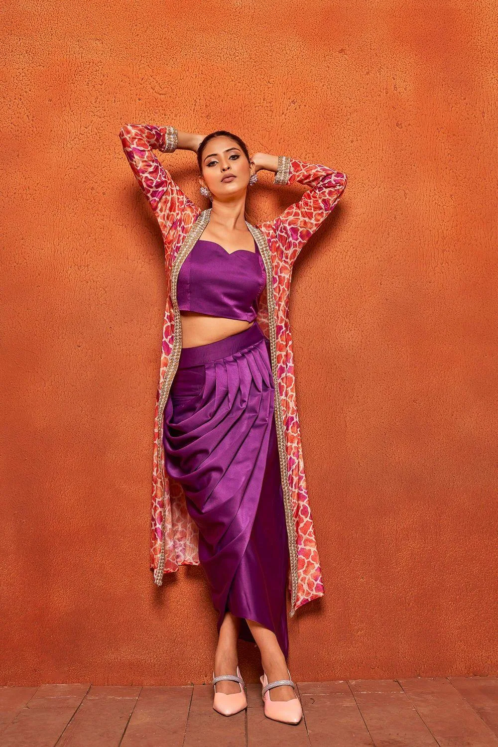 Violet Ethnic Print Dhoti Skirt Long Shrug Co-ord Set