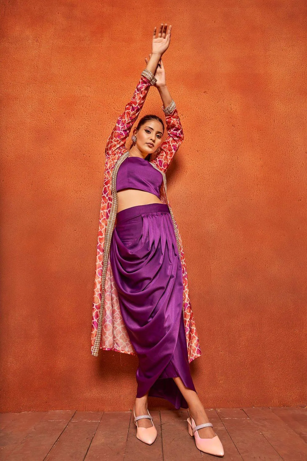 Violet Ethnic Print Dhoti Skirt Long Shrug Co-ord Set