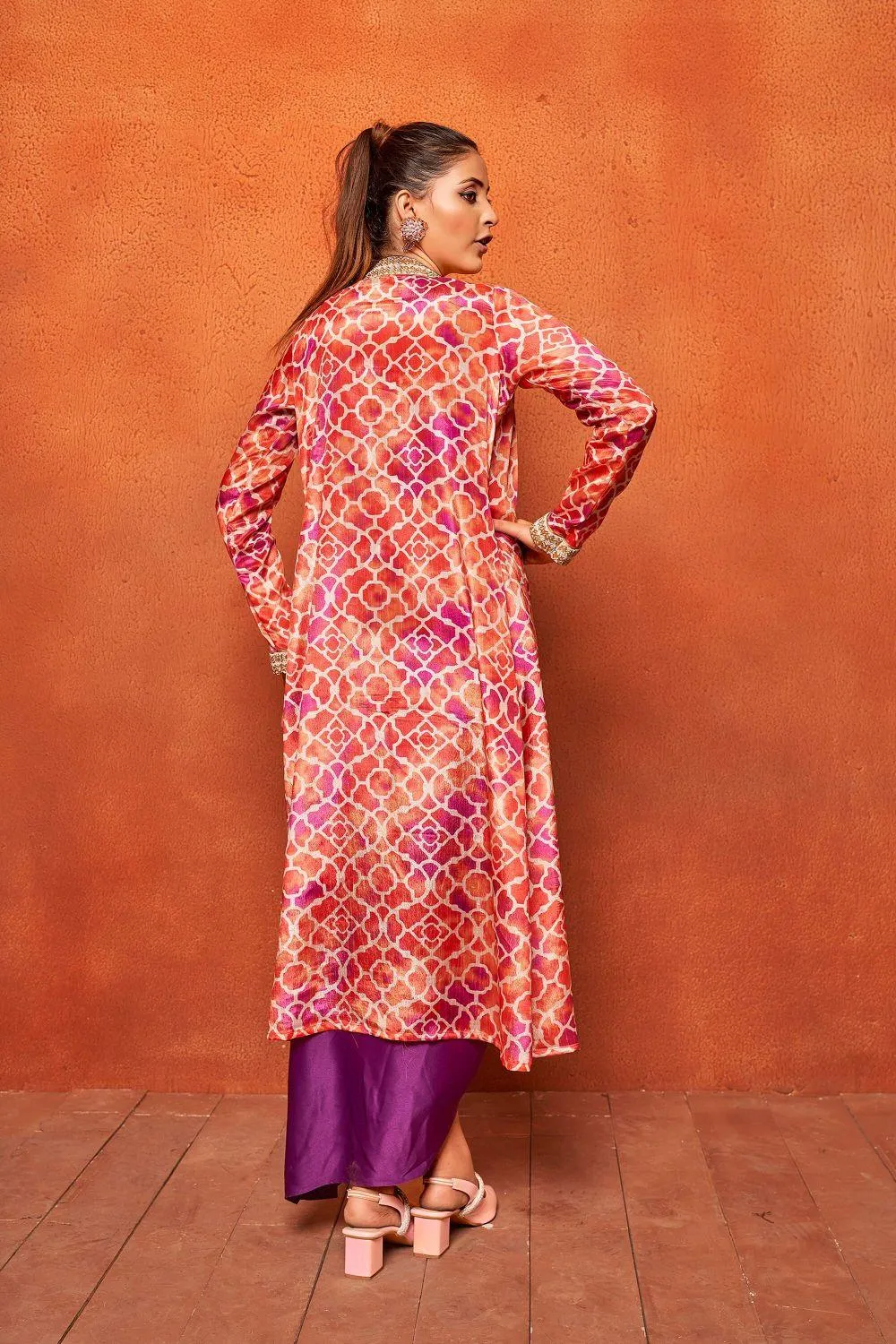 Violet Ethnic Print Dhoti Skirt Long Shrug Co-ord Set