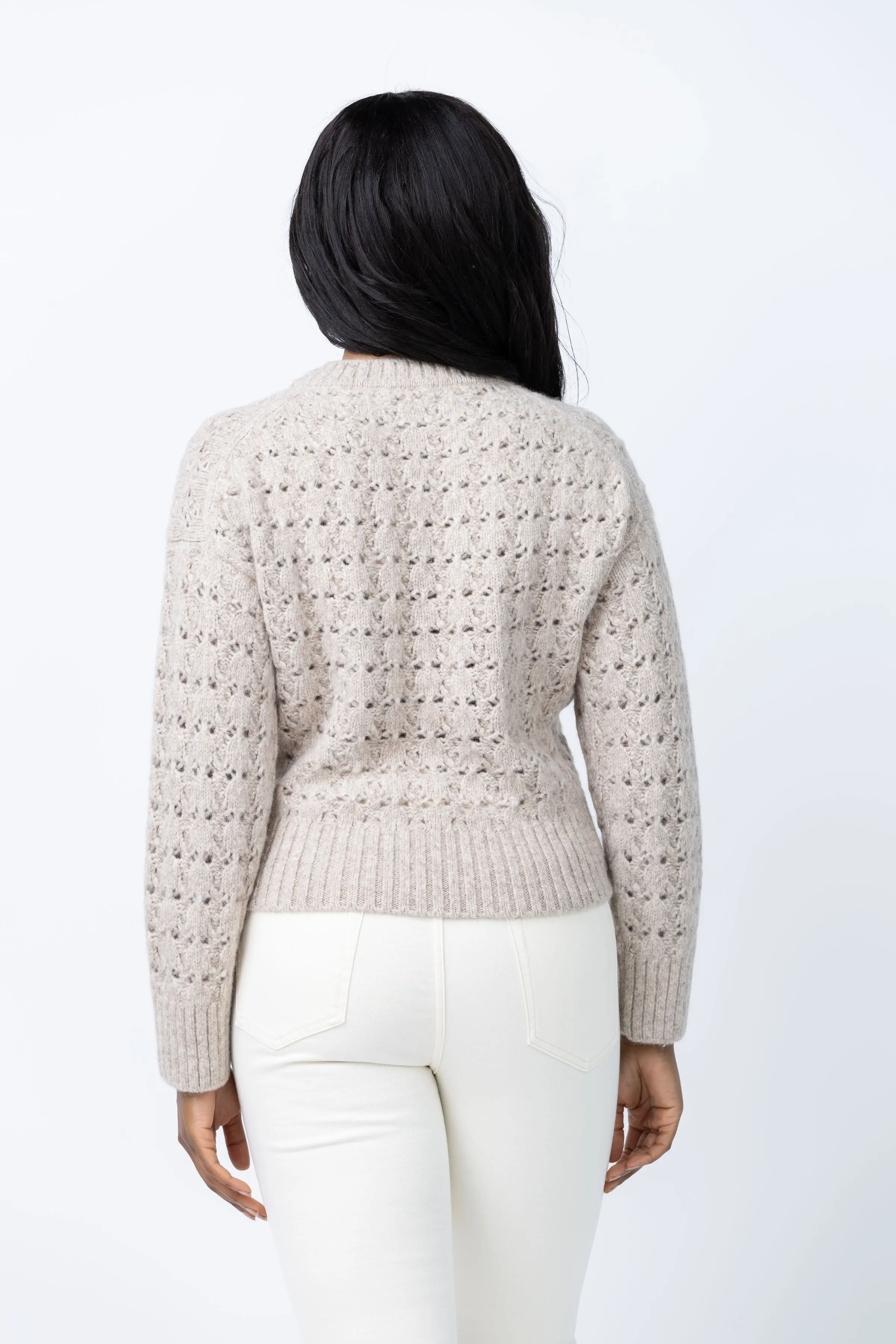 White   Warren Plush Alpaca Blend Open Stitch Crewneck Sweater in Oat Straw