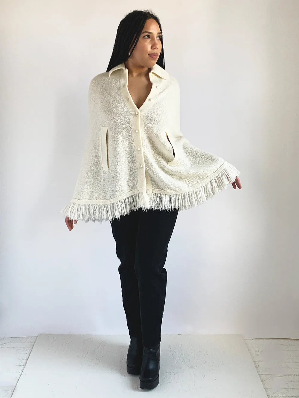 Wintuk Ivory Knit Cape with Fringe