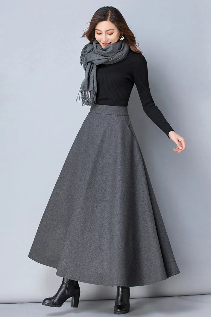 Women Dark Grey Long Wool Skirt 3790