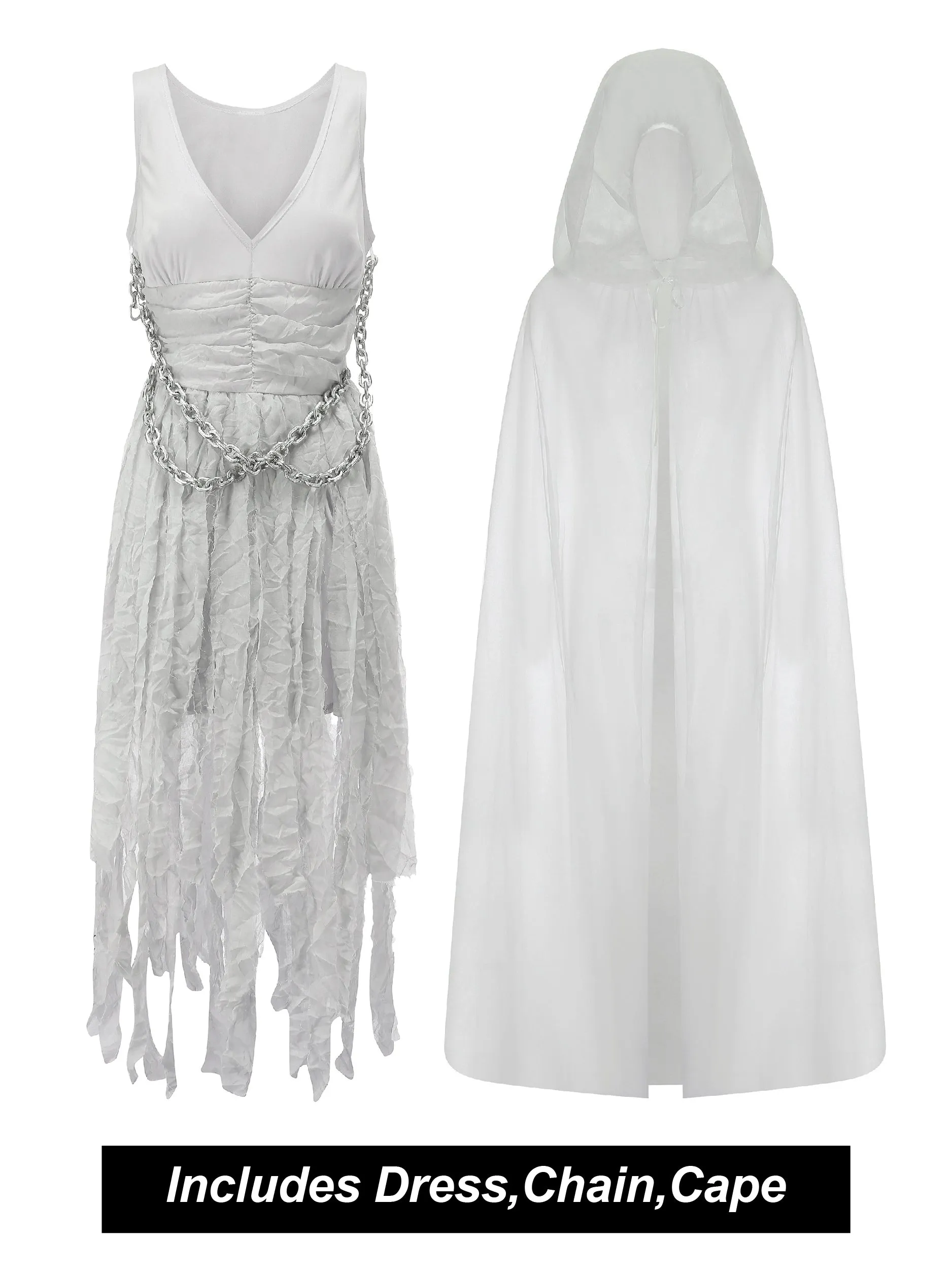 Women Ghost Costume Dress Chains Cape Set