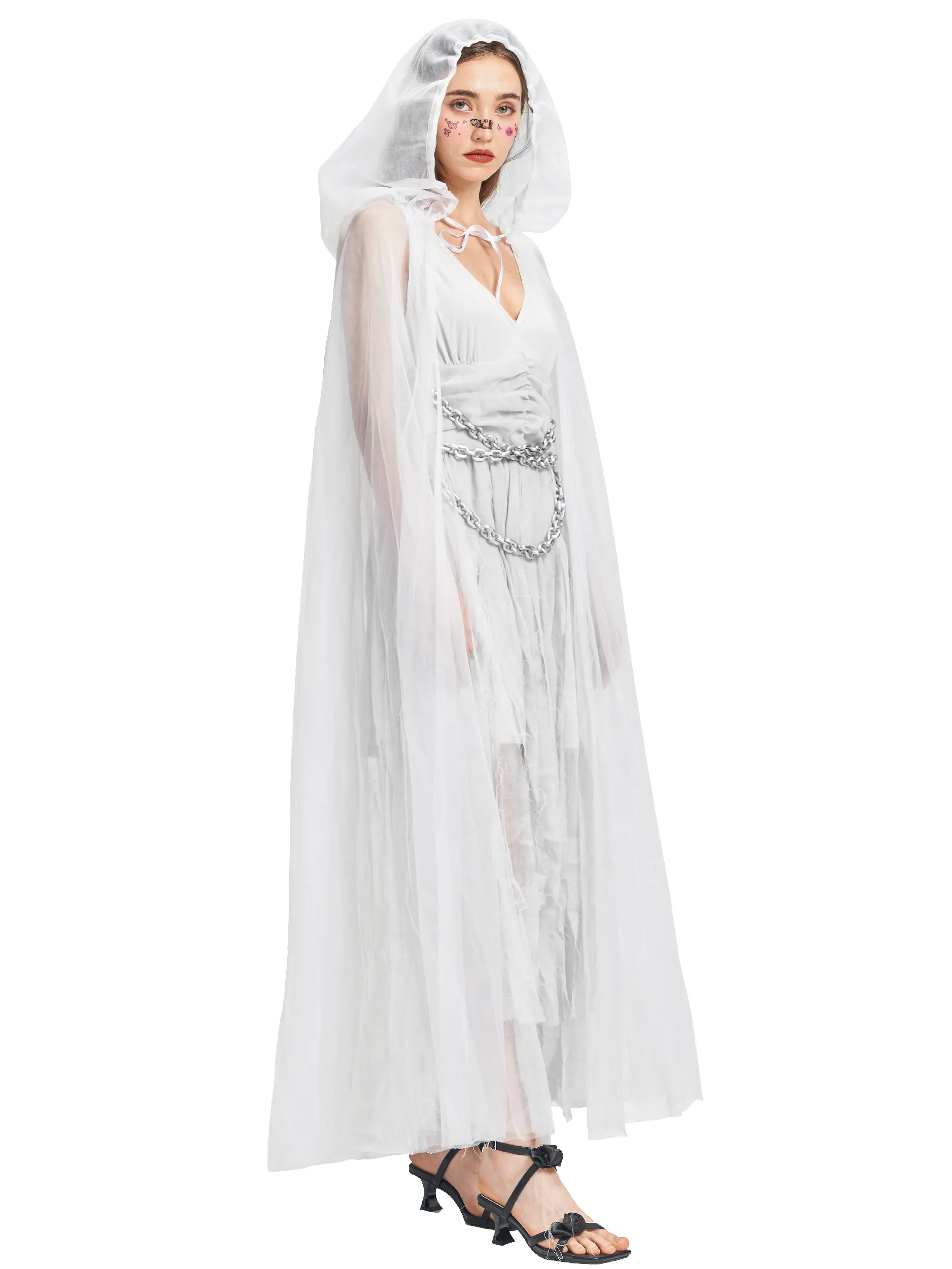 Women Ghost Costume Dress Chains Cape Set