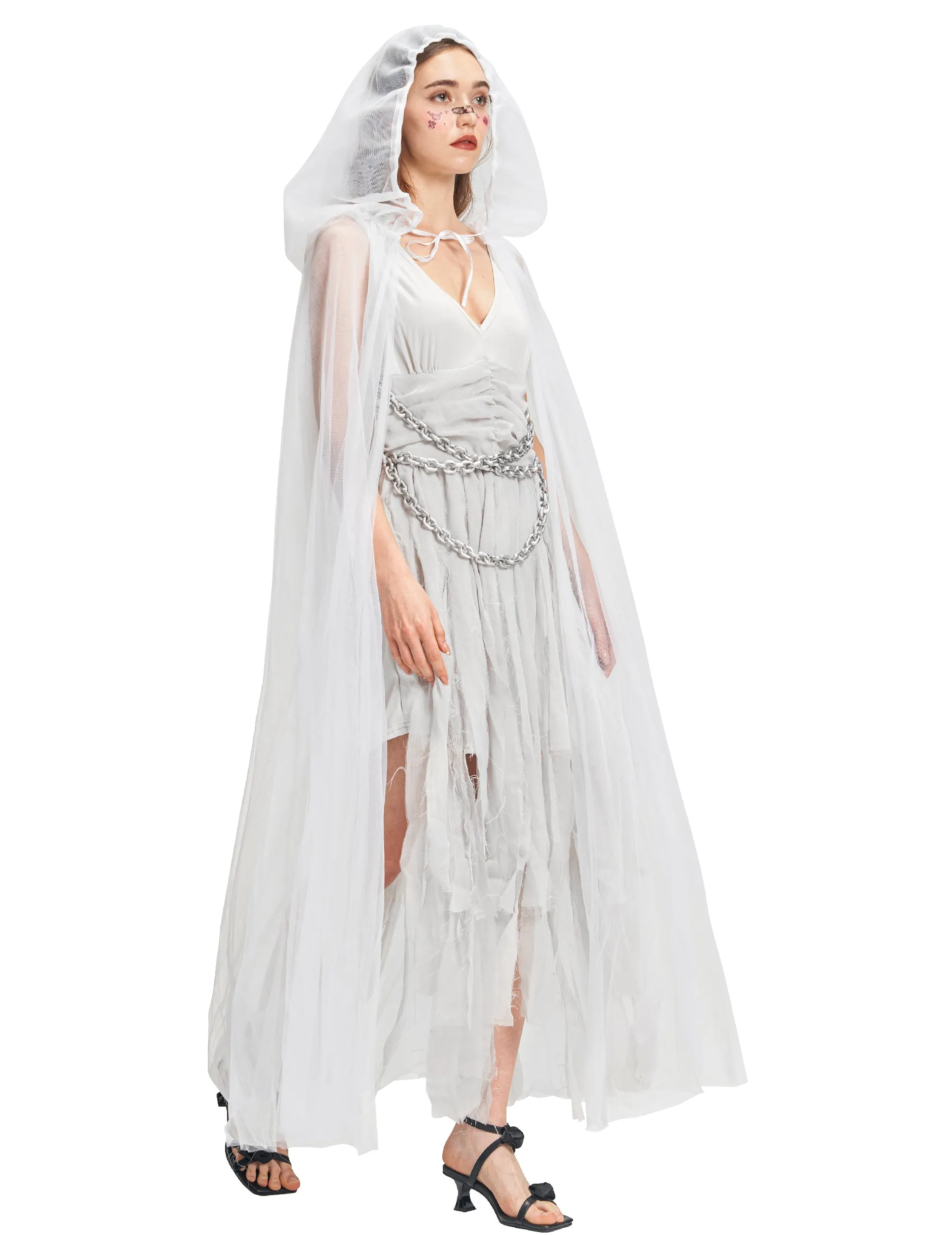 Women Ghost Costume Dress Chains Cape Set