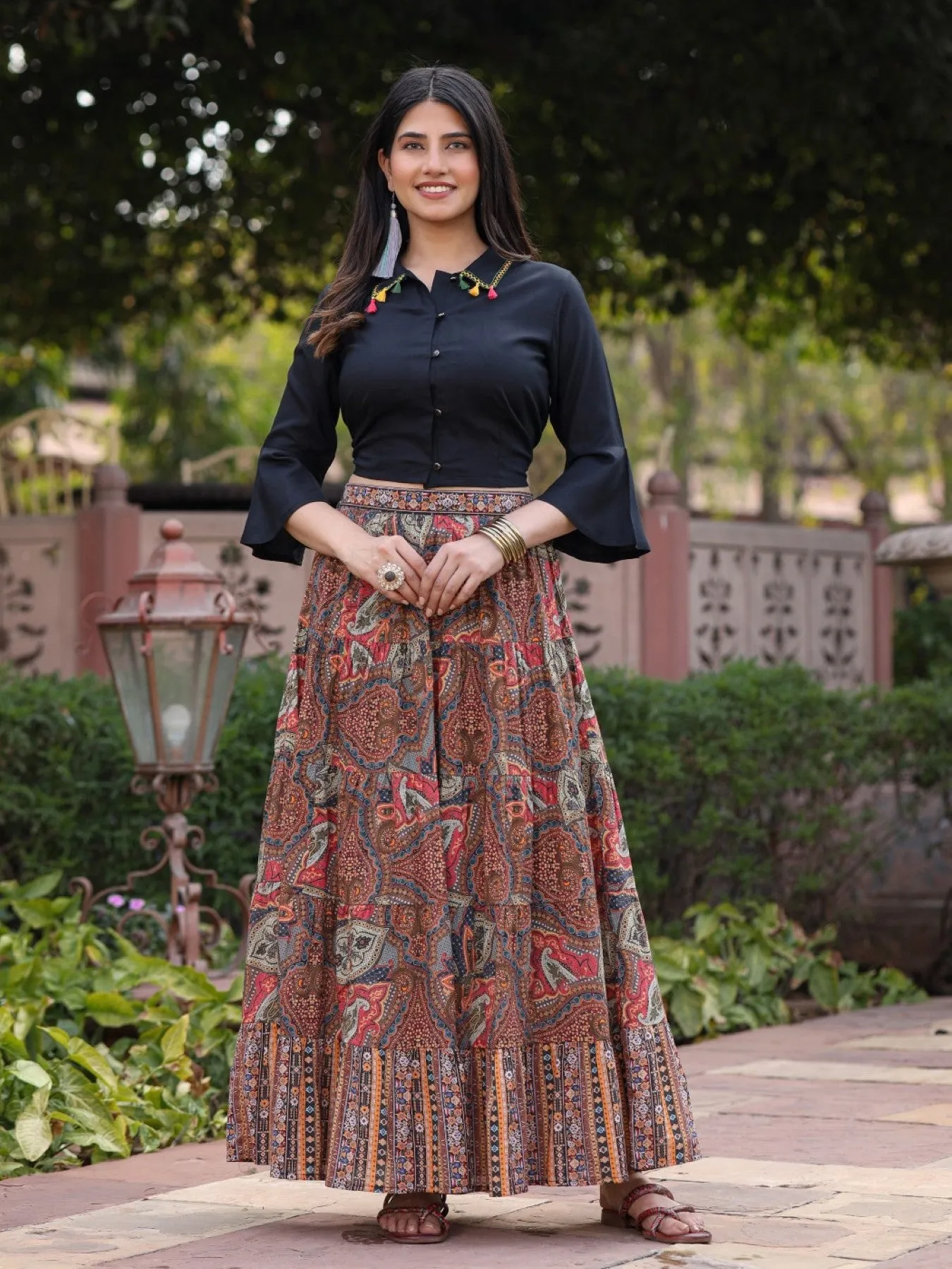 Women Solid Liva Rayon Black Shirt With Multi Color Skirt Co-Ord Set