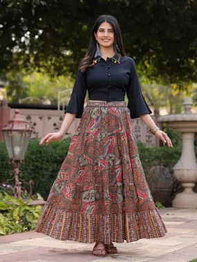 Women Solid Liva Rayon Black Shirt With Multi Color Skirt Co-Ord Set