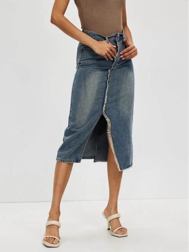 Women's Casual Denim Skirt High Waist Split Front Long Jean Skirts by Kaja Clothing-Nadine Skirt