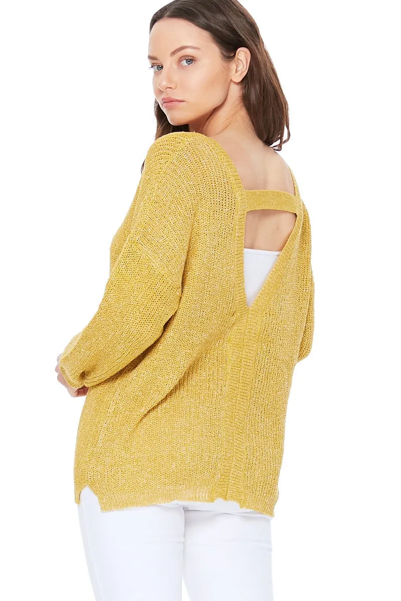 YEMAK Women's Long Sleeve V-Neck Back Cutout Casual Knit Pullover Summer Sweater MK8144