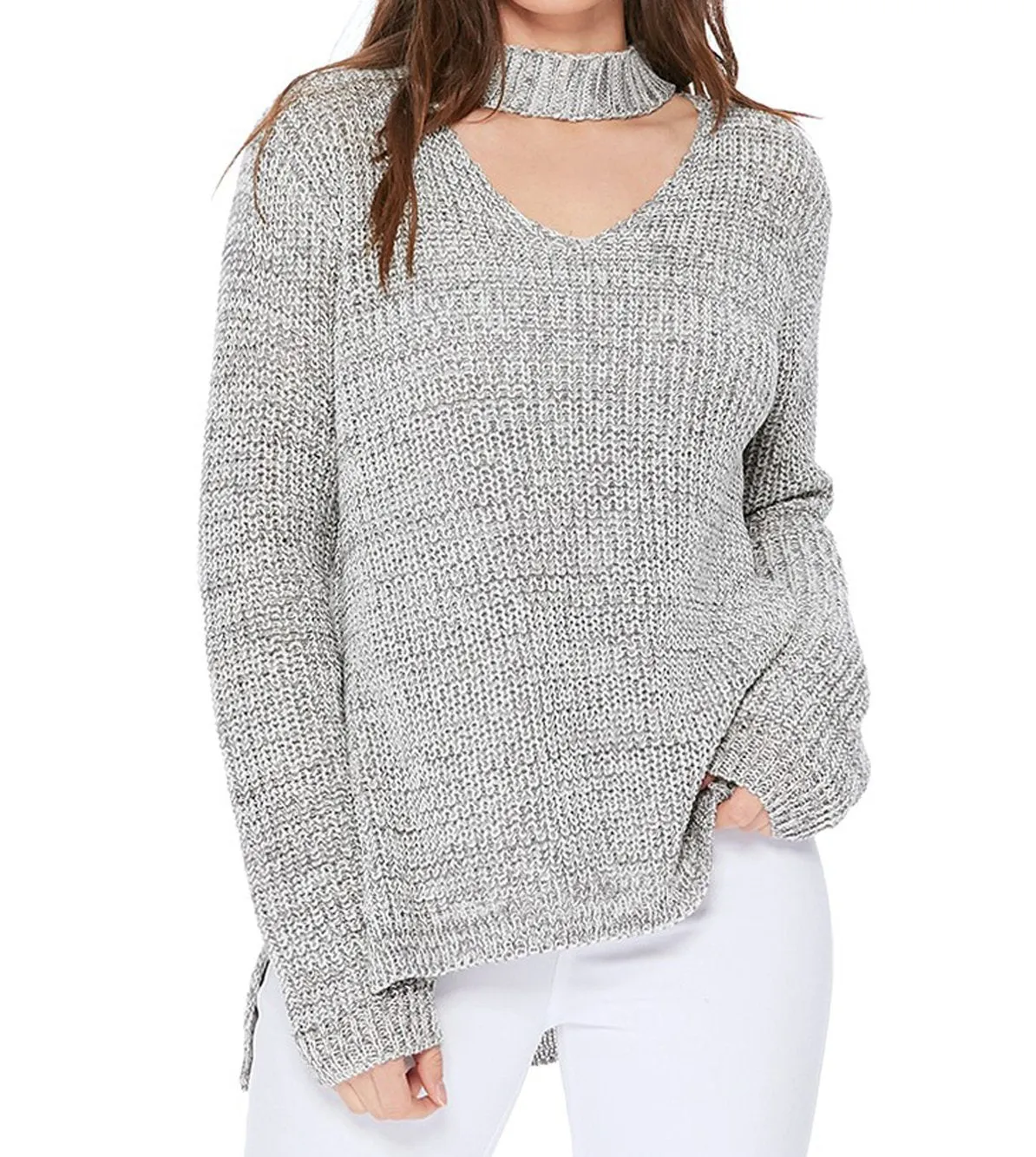 YEMAK Women's V-Neck Choker Style Side Slit Casual Knit Pullover Sweater MK8143