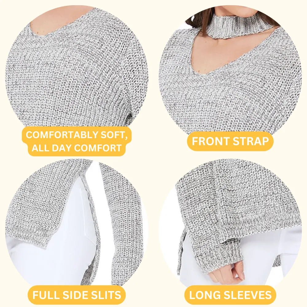 YEMAK Women's V-Neck Choker Style Side Slit Casual Knit Pullover Sweater MK8143